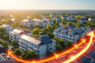 Logement urbain moderne avec des panneaux solaires, des espaces verts et des flèches lumineuses illustrant le flux d'énergie thermique pour une vie...