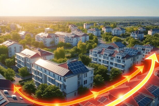 Logement urbain moderne avec des panneaux solaires, des espaces verts et des flèches lumineuses illustrant le flux d'énergie thermique pour une vie...