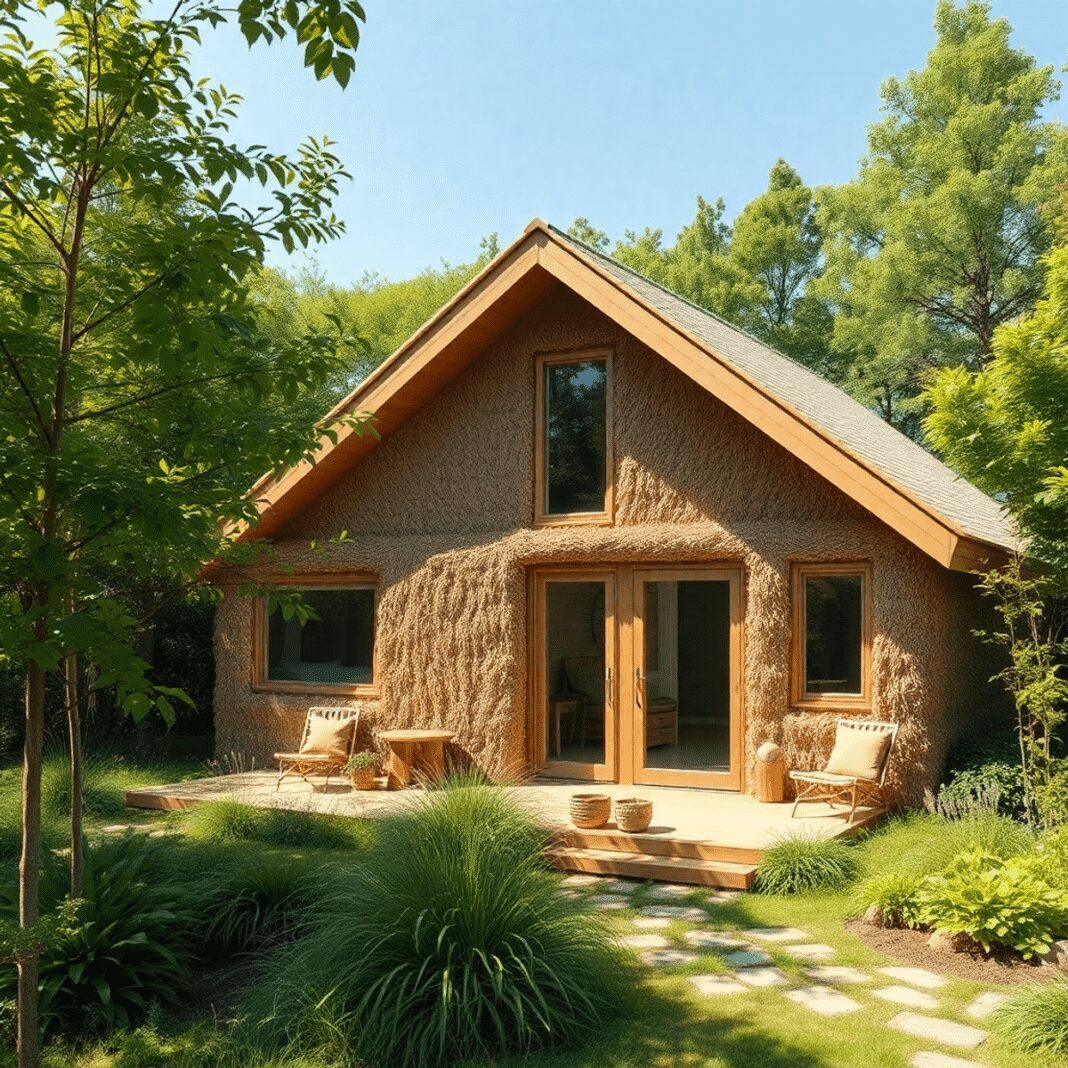 Maison écologique et confortable avec des matériaux d'isolation naturelle, entourée d'une végétation luxuriante et baignée de lumière douce, mettan...