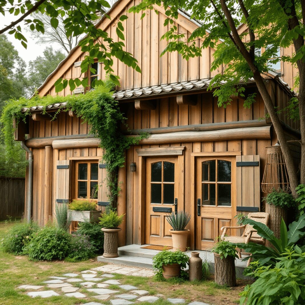 Maison française rénovée et confortable avec des matériaux en bois et en chanvre, entourée de verdure, présentant un design durable et économe en é...