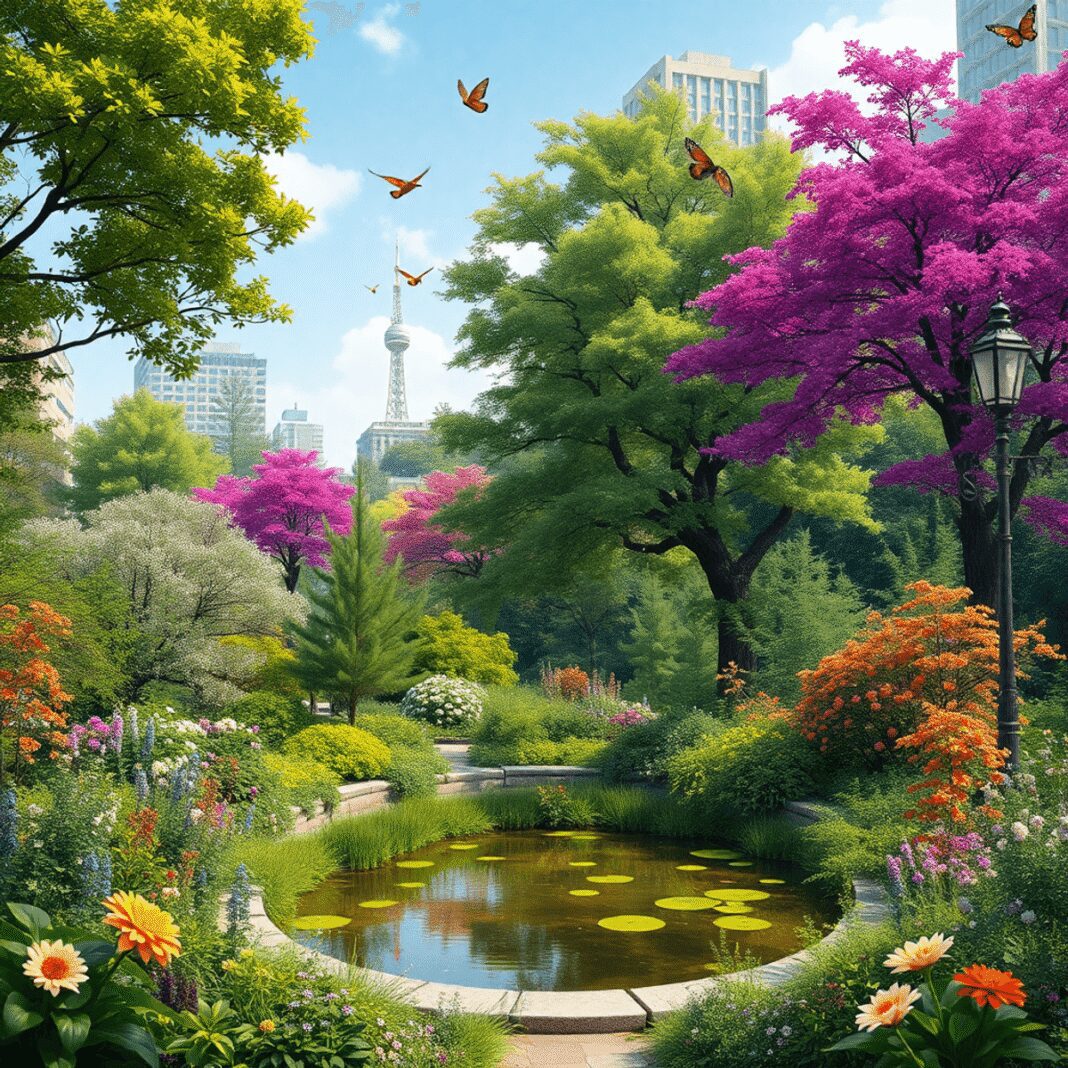 Parc urbain luxuriant avec des arbres et des fleurs diversifiés, un étang, des oiseaux et des papillons sous un ciel dégagé, mettant en valeur la b...