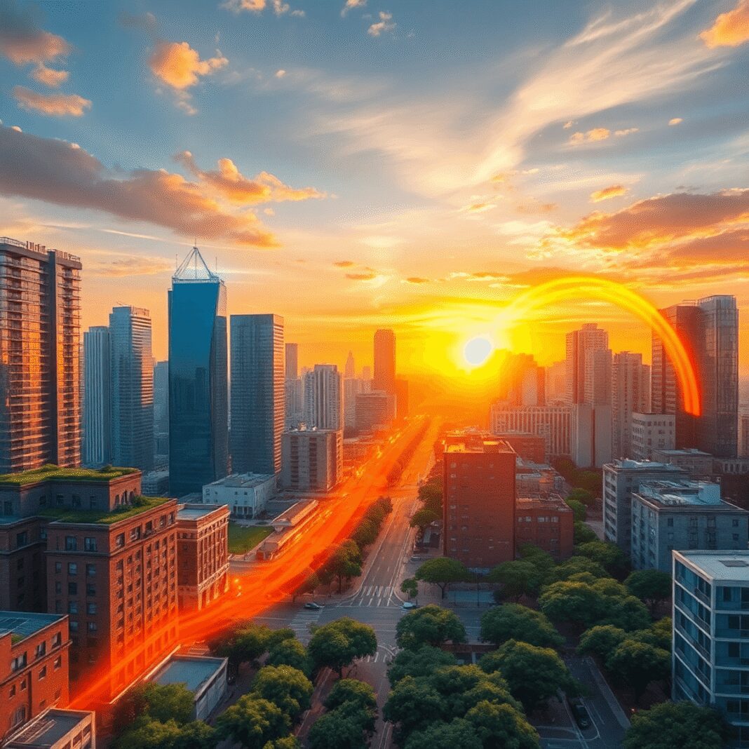 Paysage urbain au coucher du soleil avec des bâtiments denses, des jardins sur les toits verts, des vagues de chaleur brillantes sur le béton, et d...