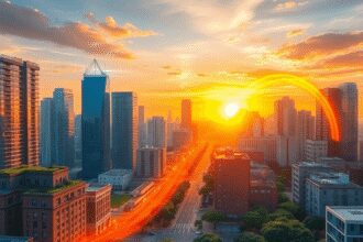 Paysage urbain au coucher du soleil avec des bâtiments denses, des jardins sur les toits verts, des vagues de chaleur brillantes sur le béton, et d...