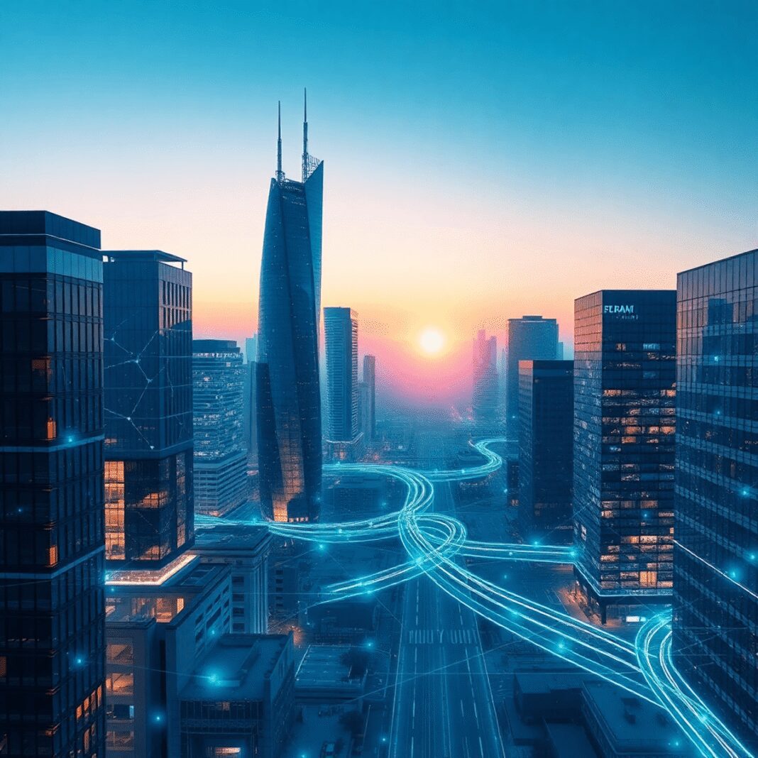 L'évolution du BIM vers la gestion prédictive des bâtiments connectés Paysage urbain futuriste avec des bâtiments intelligents reliés par des lignes digitales lumineuses et des flux de données sous un ciel clair au le...