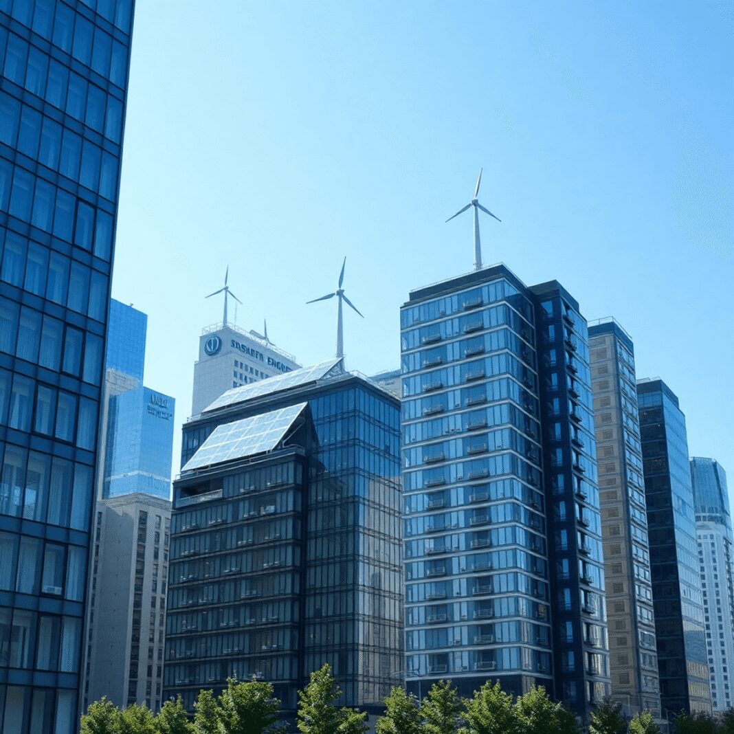 Énergies renouvelables intégrées aux façades : exemples et bonnes pratiques Paysage urbain moderne avec des bâtiments élégants dotés de panneaux solaires transparents et d'éoliennes verticales sous un ciel bleu vif, symboli...