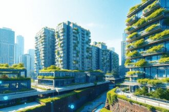 Paysage urbain moderne avec des toits verts, des jardins verticaux, des caractéristiques de collecte des eaux de pluie et des nœuds numériques lumi...