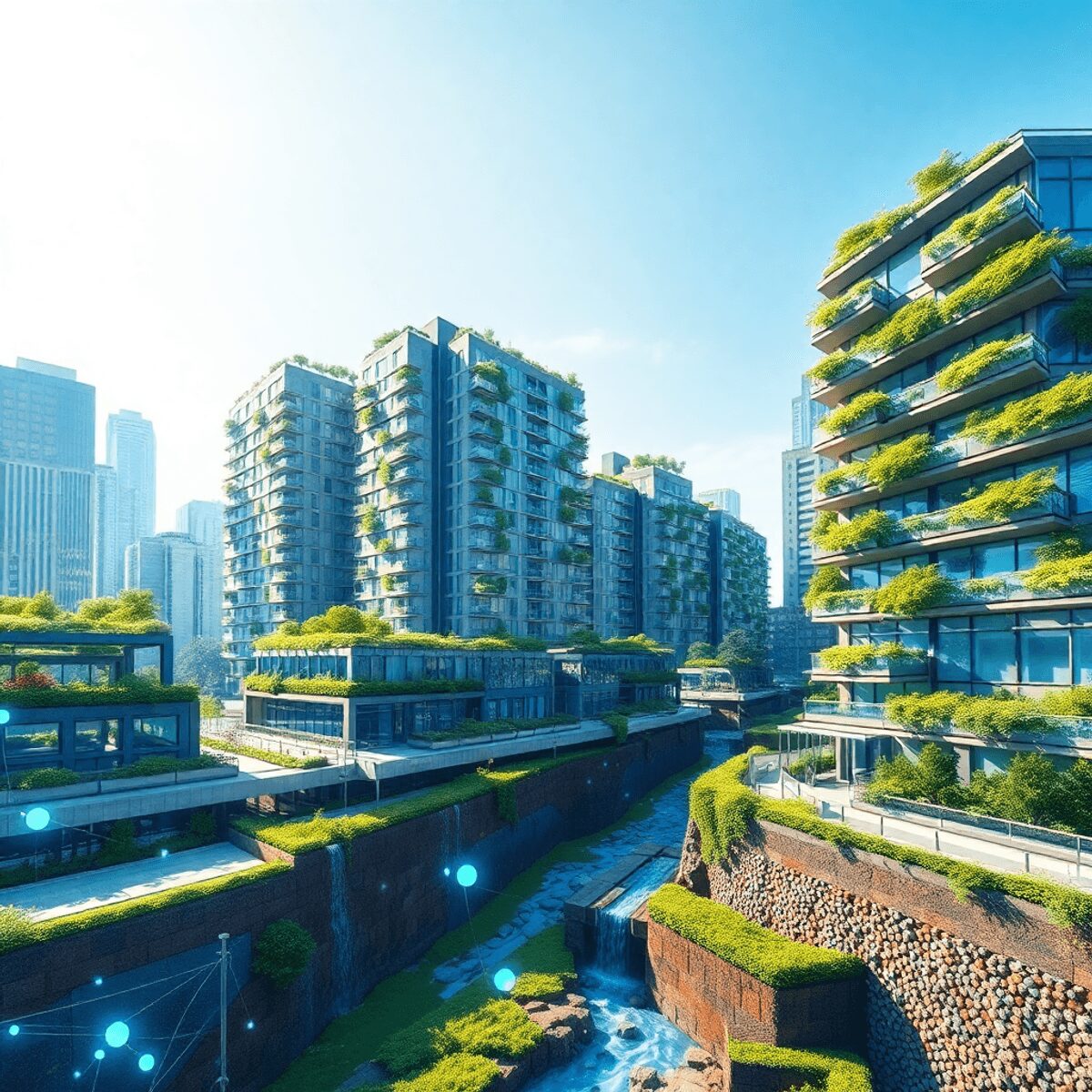 Paysage urbain moderne avec des toits verts, des jardins verticaux, des caractéristiques de collecte des eaux de pluie et des nœuds numériques lumi...