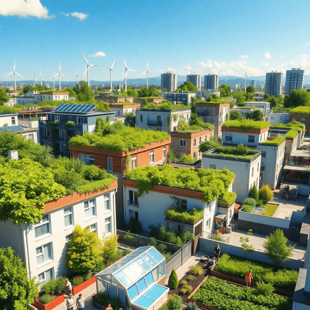 Quartier urbain moderne avec des jardins sur les toits, des panneaux solaires, des éoliennes et des personnes s'occupant de jardins potagers partag...
