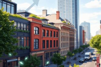 Rue urbaine avec des bâtiments modernes et historiques dotés de toits verts, de panneaux solaires, d'arbres luxuriants et de motifs de feuilles lum...