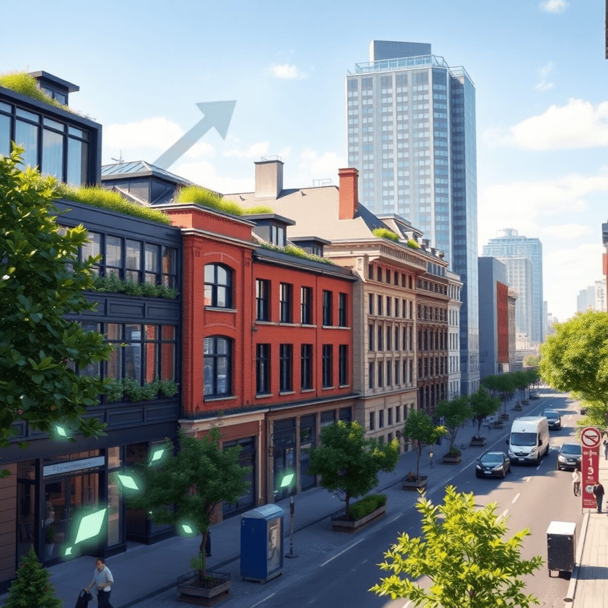 Rue urbaine avec des bâtiments modernes et historiques dotés de toits verts, de panneaux solaires, d'arbres luxuriants et de motifs de feuilles lum...