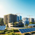 Site de construction moderne avec des bâtiments résidentiels et commerciaux, des panneaux solaires, une végétation luxuriante et un ciel dégagé, me...