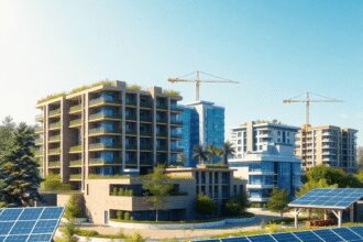 Site de construction moderne avec des bâtiments résidentiels et commerciaux, des panneaux solaires, une végétation luxuriante et un ciel dégagé, me...