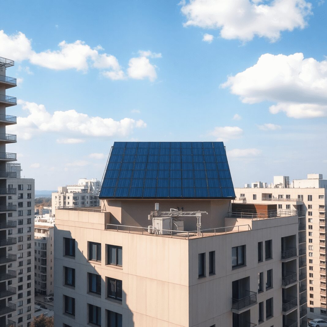 Toit avec des panneaux solaires élégants sur des bâtiments modernes sous un ciel lumineux, présentant des éléments technologiques abstraits symboli...