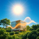 Un bâtiment moderne écologique entouré de verdure sous un soleil éclatant, avec des vagues abstraites lumineuses s'élevant contre un ciel bleu clair.