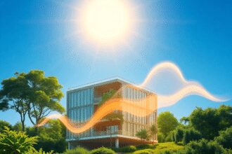 Un bâtiment moderne écologique entouré de verdure sous un soleil éclatant, avec des vagues abstraites lumineuses s'élevant contre un ciel bleu clair.