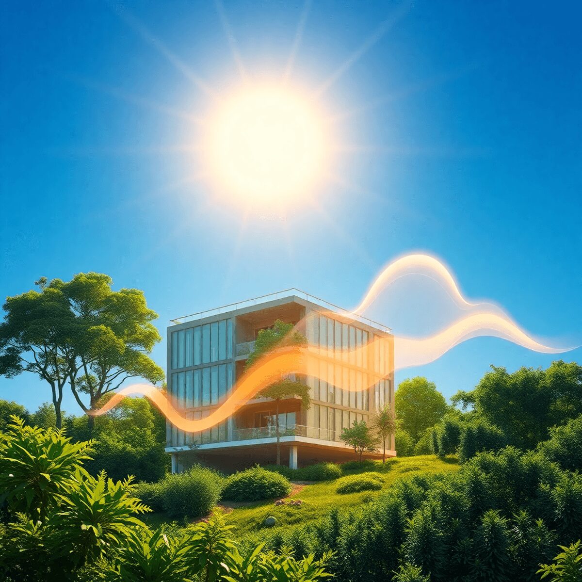 Un bâtiment moderne écologique entouré de verdure sous un soleil éclatant, avec des vagues abstraites lumineuses s'élevant contre un ciel bleu clair.