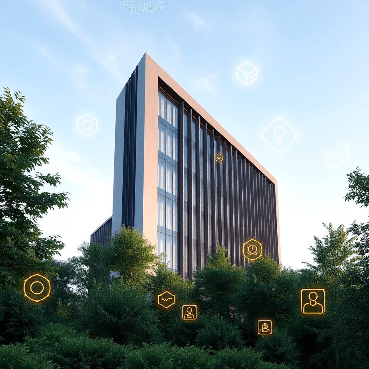 Un bâtiment moderne entouré de verdure avec des icônes abstraites lumineuses symbolisant la technologie intelligente et la connectivité sous un cie...