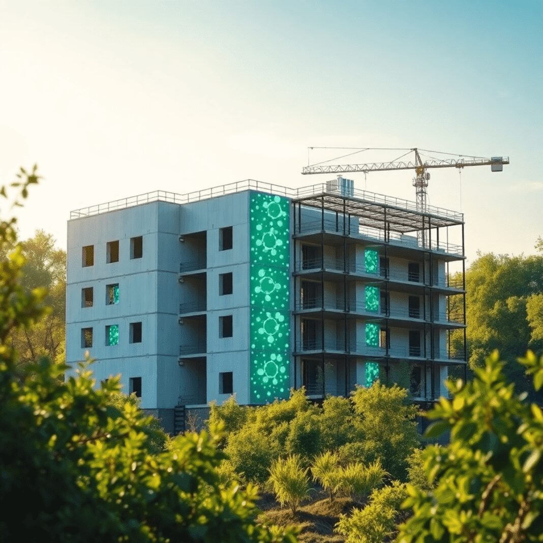 Un bâtiment moderne et écologique en construction, entouré de verdure, avec des particules de micro-matériaux brillants dans les murs, baigné de lu...