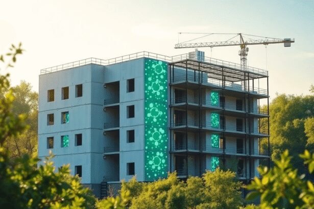 Un bâtiment moderne et écologique en construction, entouré de verdure, avec des particules de micro-matériaux brillants dans les murs, baigné de lu...