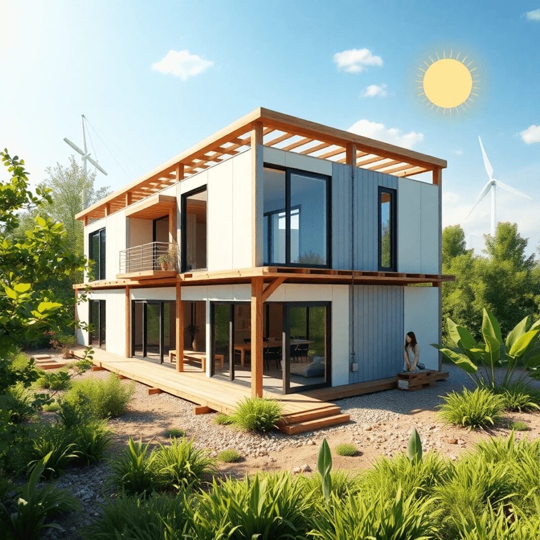 La conception modulaire hors-site : avantages écologiques et défis à surmonter Un bâtiment modulaire moderne en construction, entouré de verdure, avec des éléments subtils de lumière du soleil et de vent représentant l'énergie...