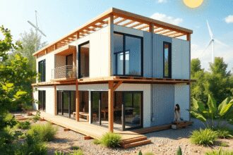 Un bâtiment modulaire moderne en construction, entouré de verdure, avec des éléments subtils de lumière du soleil et de vent représentant l'énergie...