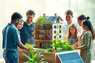 Un groupe collaborant autour d'un modèle de bâtiment durable avec des plantes et des panneaux solaires, baigné d'une douce lumière naturelle, symbo...