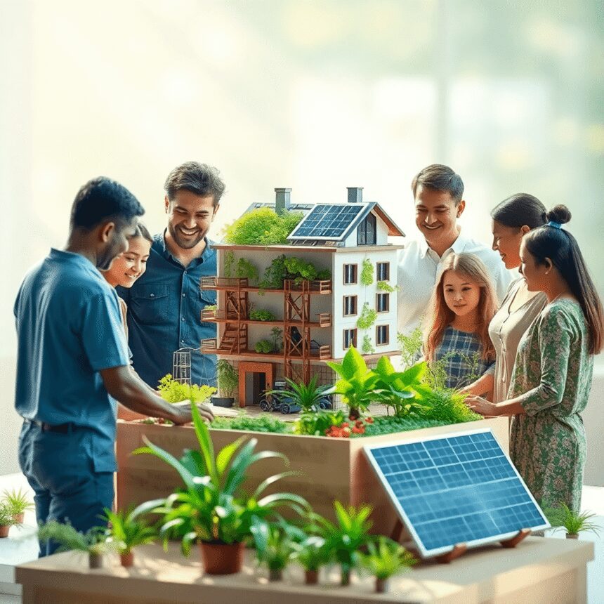 Un groupe collaborant autour d'un modèle de bâtiment durable avec des plantes et des panneaux solaires, baigné d'une douce lumière naturelle, symbo...