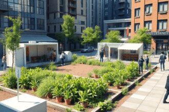 Un lot urbain vibrant transformé avec des plantes vertes, des structures modulaires et des personnes participant à des activités communautaires, il...