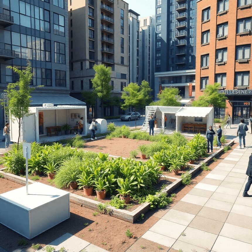 Un lot urbain vibrant transformé avec des plantes vertes, des structures modulaires et des personnes participant à des activités communautaires, il...
