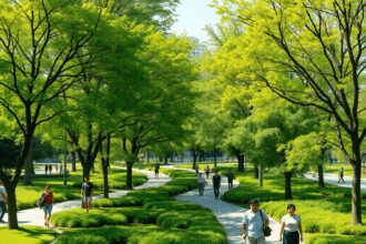 Un parc urbain vibrant avec des arbres luxuriants, des chemins ombragés et des personnes diverses profitant d'une journée ensoleillée, symbolisant ...