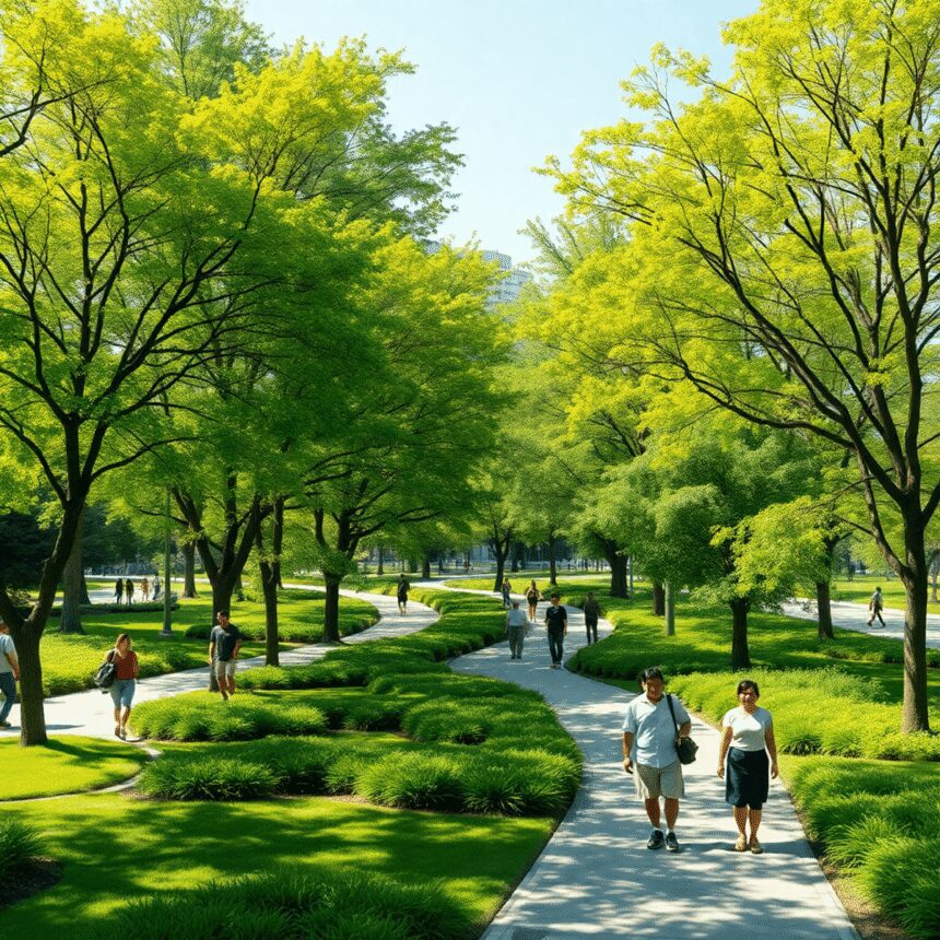 Repenser les espaces publics verts face à l’urgence climatique : nature, design, inclusion sociale Un parc urbain vibrant avec des arbres luxuriants, des chemins ombragés et des personnes diverses profitant d'une journée ensoleillée, symbolisant ...