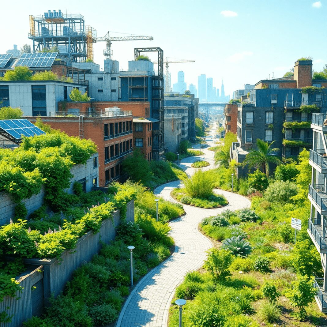 Un paysage urbain vibrant avec des jardins sur les toits, des panneaux solaires, des chemins verts et des bâtiments industriels réutilisés mettant ...