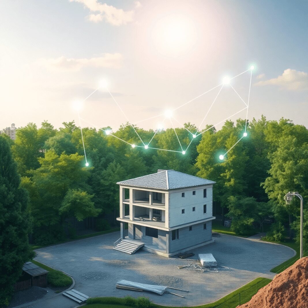 Comment réussir une démarche bas-carbone sur un chantier de petite taille Un petit bâtiment en construction entouré de verdure, avec des lignes digitales lumineuses et des formes géométriques flottant au-dessus, sous un c...