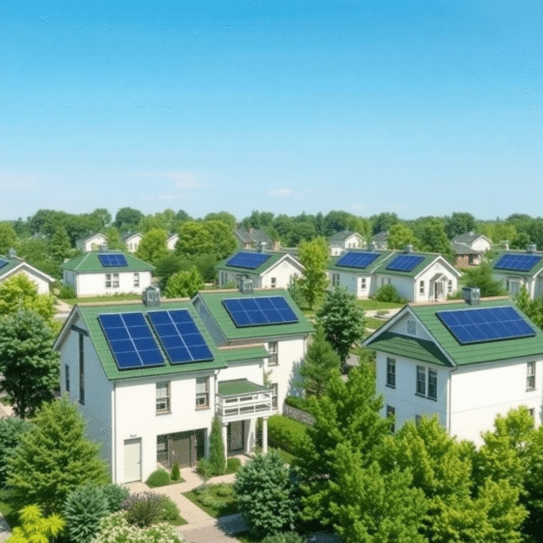 Un quartier moderne avec des maisons écologiques dotées de toits végétalisés et de panneaux solaires, entouré d'arbres et de jardins sous un ciel b...