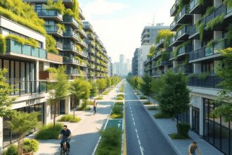 Un quartier urbain dynamique avec de larges chemins piétonniers, des pistes cyclables, des bâtiments écologiques avec des jardins sur les toits et ...