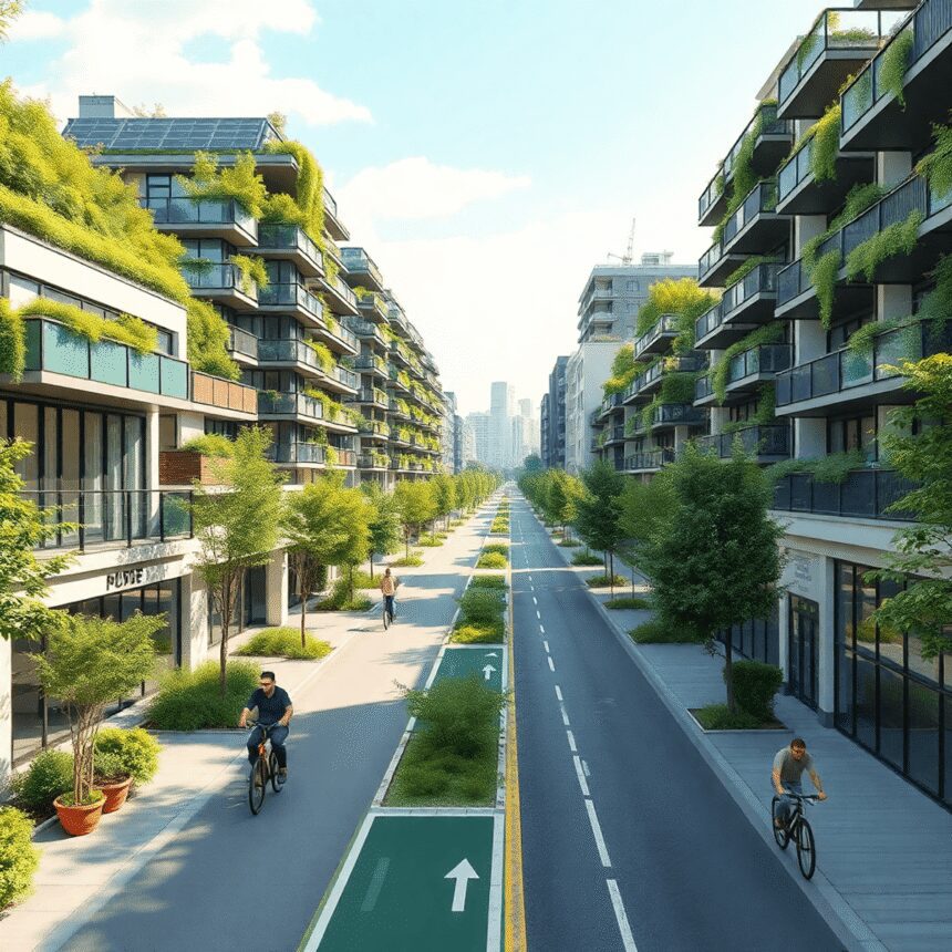 Favoriser la mobilité douce autour des nouveaux quartiers éco-conçus Un quartier urbain dynamique avec de larges chemins piétonniers, des pistes cyclables, des bâtiments écologiques avec des jardins sur les toits et ...