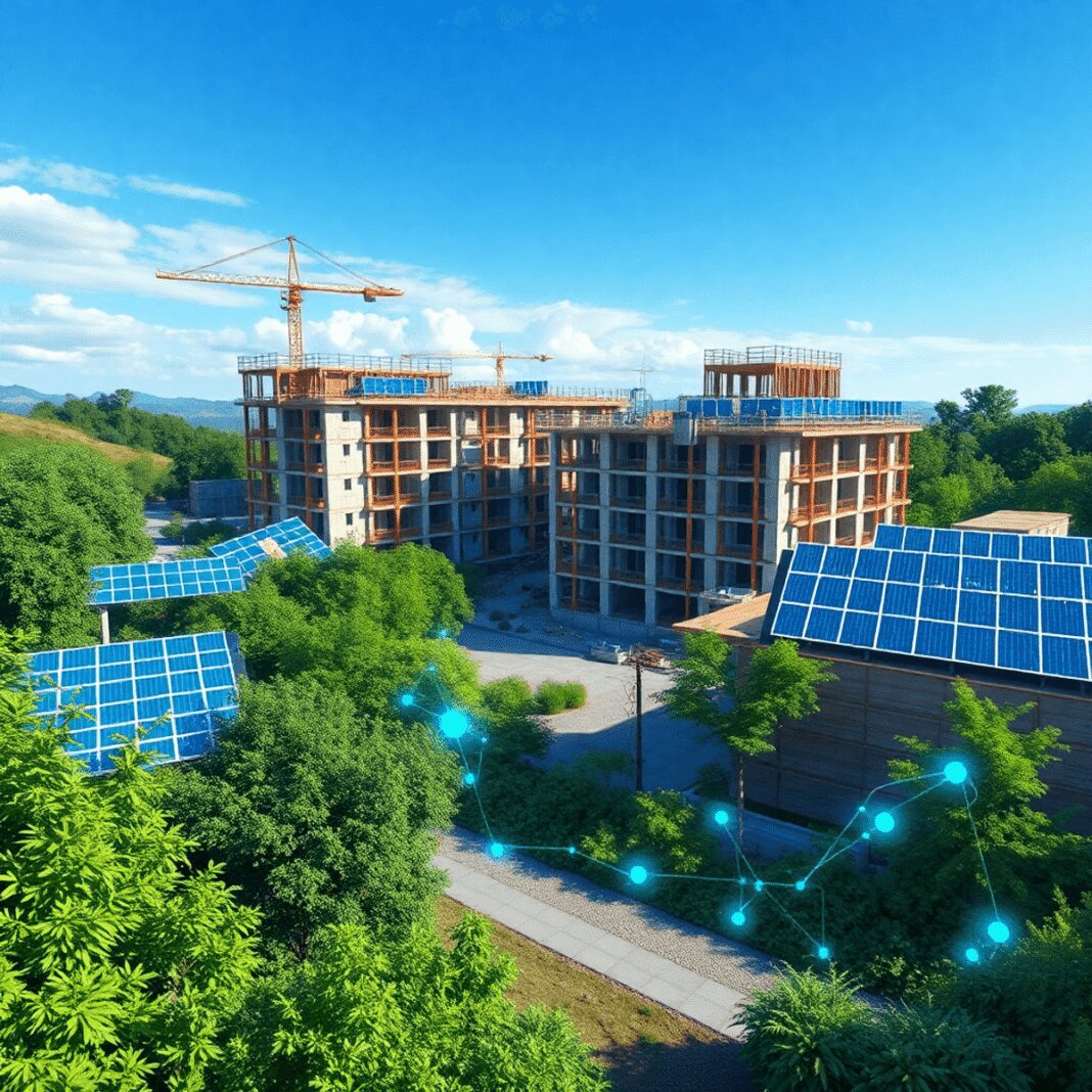 Un site de construction moderne avec des panneaux solaires et de la verdure, superposé de lignes digitales lumineuses représentant l'intégration de...