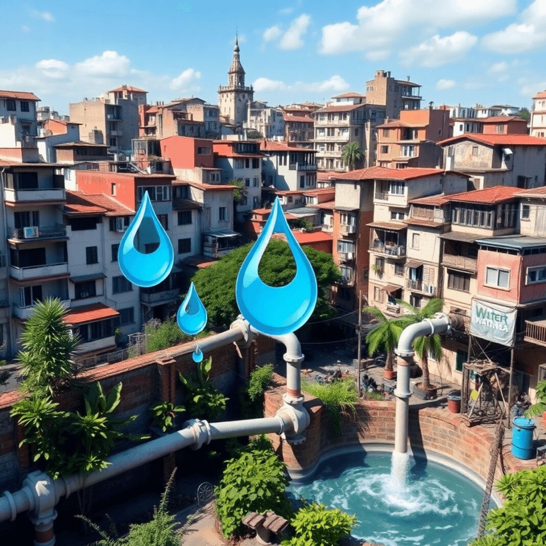 Les défis de l’accès à une eau potable durable dans le bâti existant en zone urbaine dense Une ville dynamique avec de vieux bâtiments, des tuyaux d'eau modernes et des gouttes, entourée de plantes vertes et d'icônes écologiques symbolisa...