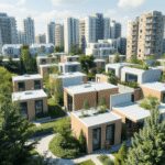Unités de logement modulaires modernes et réversibles disposées de manière durable parmi des espaces verts dans un environnement urbain, mettant en...