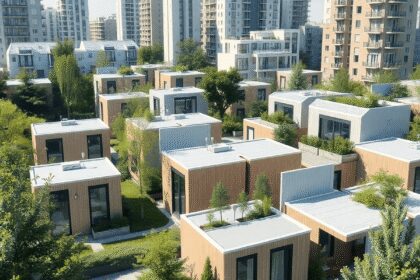 Unités de logement modulaires modernes et réversibles disposées de manière durable parmi des espaces verts dans un environnement urbain, mettant en...