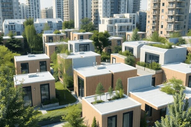 Unités de logement modulaires modernes et réversibles disposées de manière durable parmi des espaces verts dans un environnement urbain, mettant en...