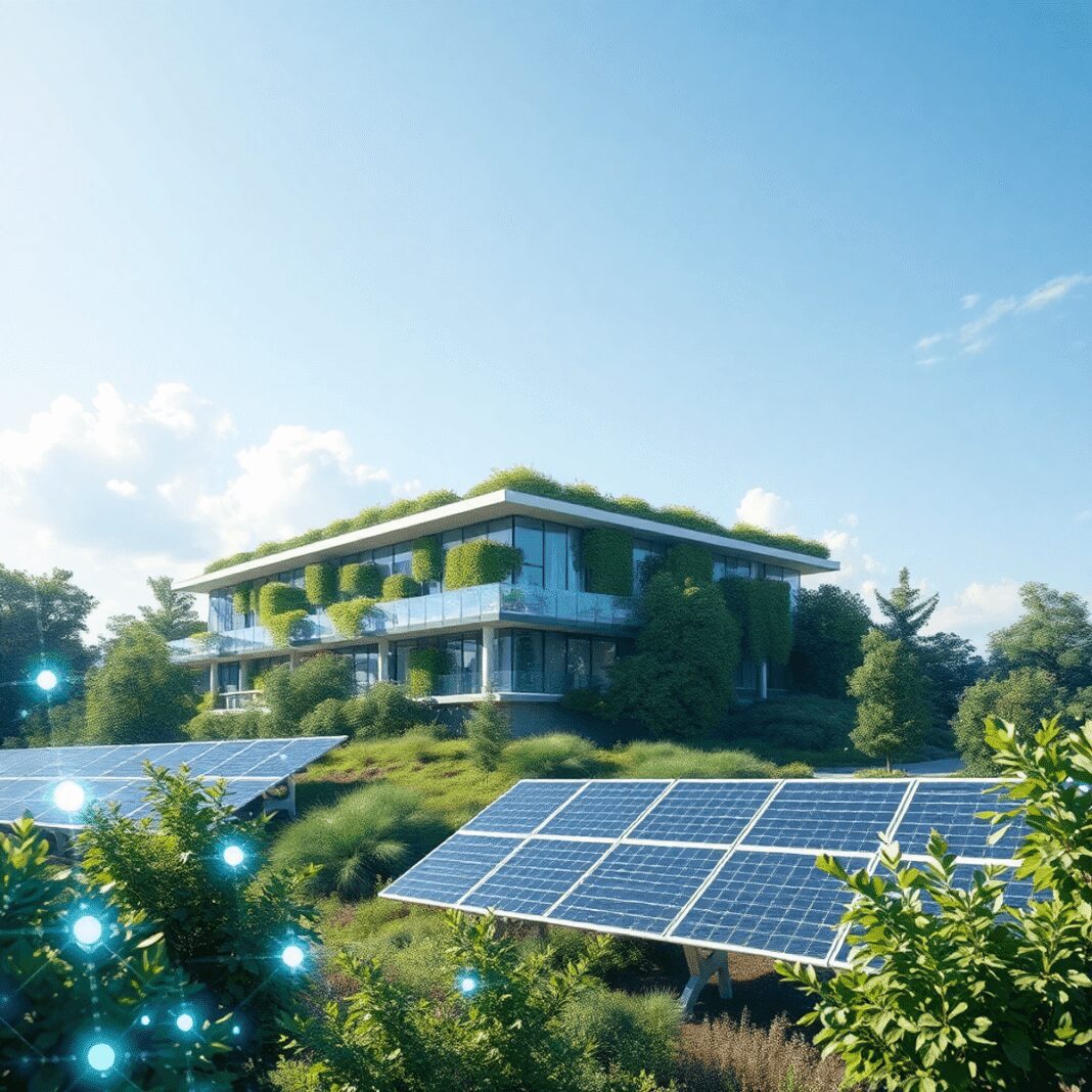 Bâtiment moderne écologique avec des panneaux solaires au milieu d'une verdure luxuriante, présentant des circuits numériques lumineux se mêlant à ...