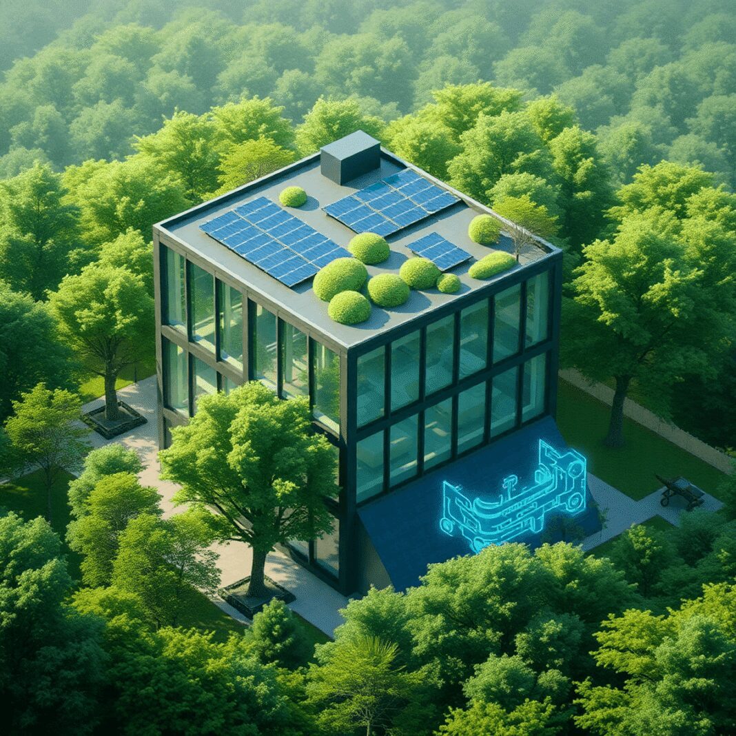 Bâtiment moderne écologique avec panneaux solaires et arbres verts, présentant des motifs de circuits lumineux se fondant dans l'environnement, sym...