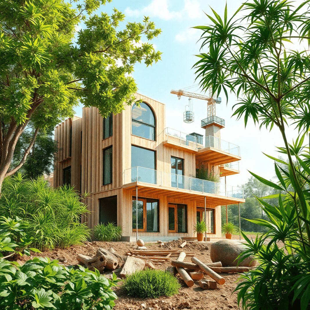 Bâtiment résidentiel moderne en construction avec des matériaux écologiques, entouré de verdure et de textures naturelles sous une douce lumière du...