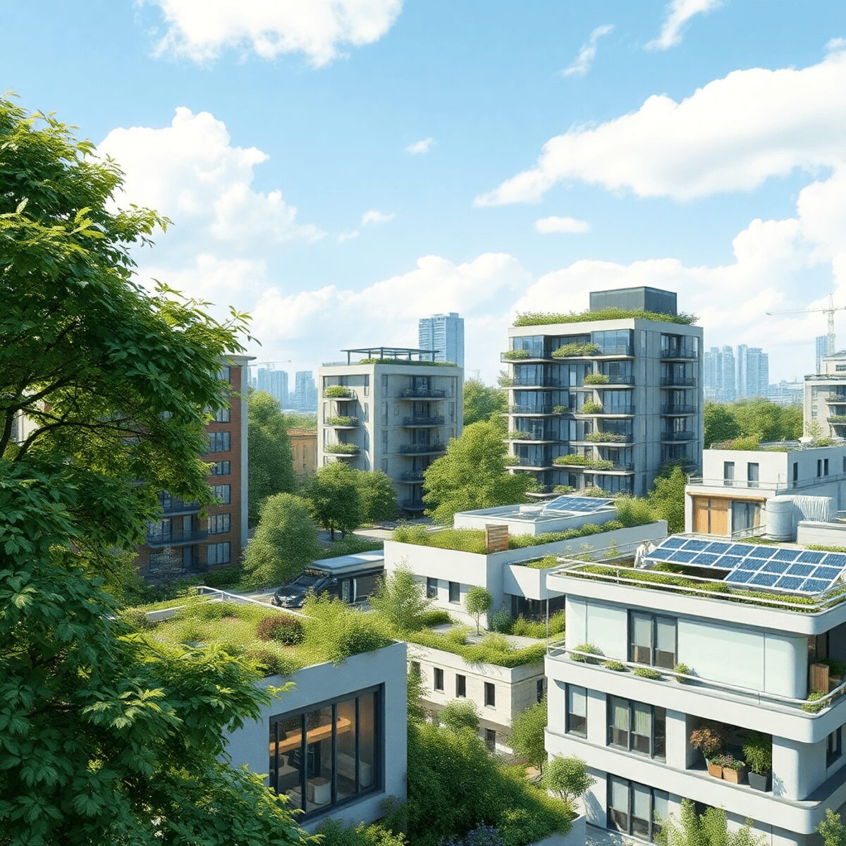 Bâtiments verts modernes avec des jardins sur le toit et des panneaux solaires, entourés d'arbres luxuriants sous un ciel ensoleillé, présentant un...