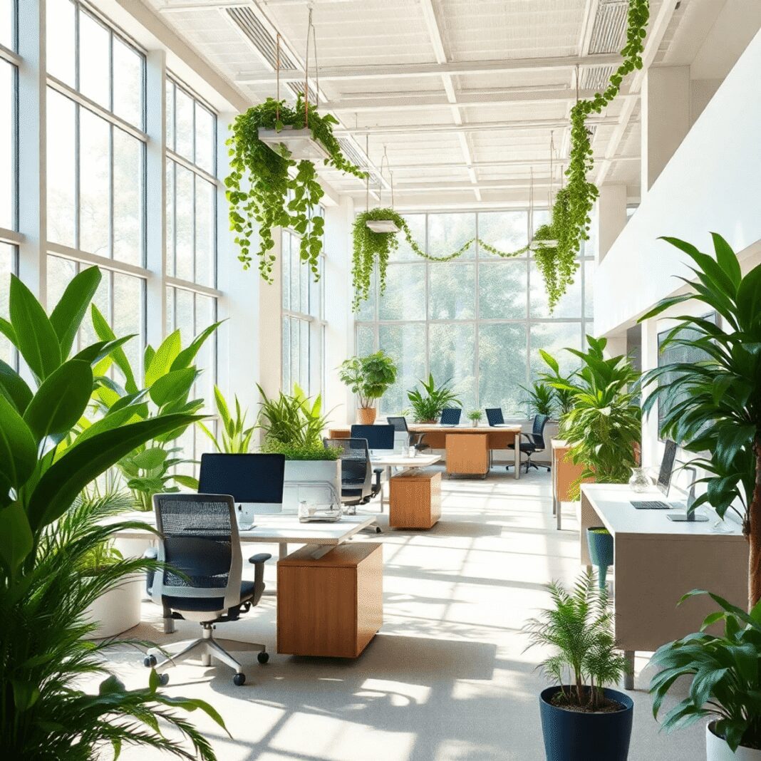 Bureau moderne et lumineux avec lumière naturelle, plantes vertes, mobilier ergonomique et espaces ouverts favorisant le mouvement dans un espace d...