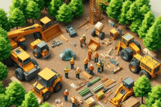 Chantier de construction avec des machines et des outils lourds au milieu de la verdure, travailleurs collaborant, et icônes abstraites symbolisant...