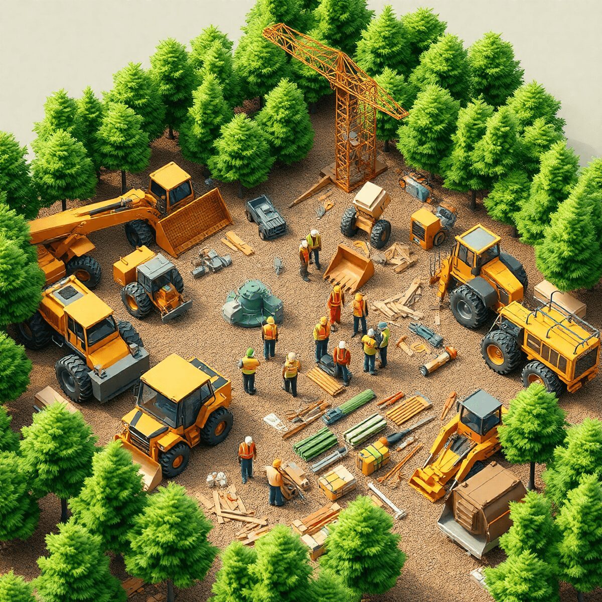 Chantier de construction avec des machines et des outils lourds au milieu de la verdure, travailleurs collaborant, et icônes abstraites symbolisant...