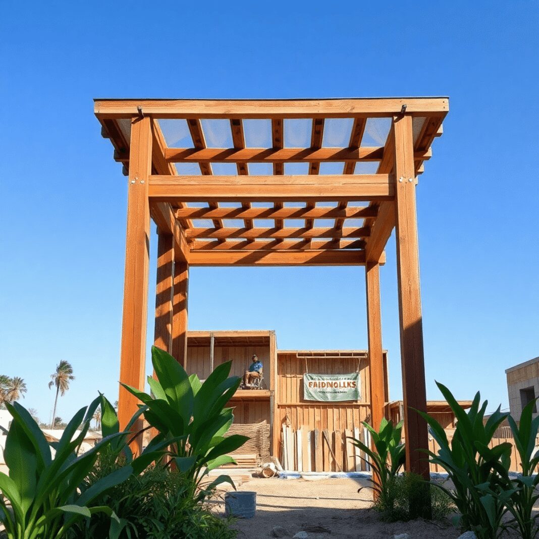 Chantier de construction avec du bois récupéré et des poutres en métal, entouré de plantes vertes sous un ciel bleu vif, symbolisant des pratiques ...