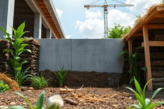 Chantier de construction moderne avec fondations en béton, plantes vertes, bois et paille sous un ciel dégagé, symbolisant des pratiques de constru...